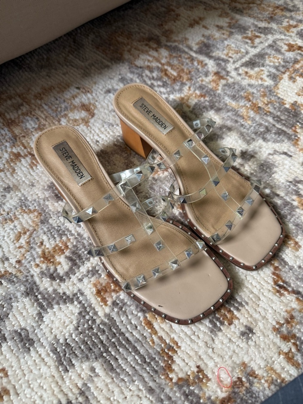 Steve Madden Beige Block Heel Sandals with Clear Studded Straps